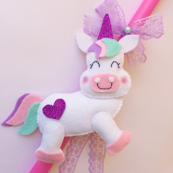 Λαμπάδα unicorn 1 - ροζ, δαντέλα, δαντέλα, κορίτσι, γκλίτερ, τσόχα, λαμπάδες, νονά, romantic, πάσχα, πέρλες, μονόκερος, για παιδιά