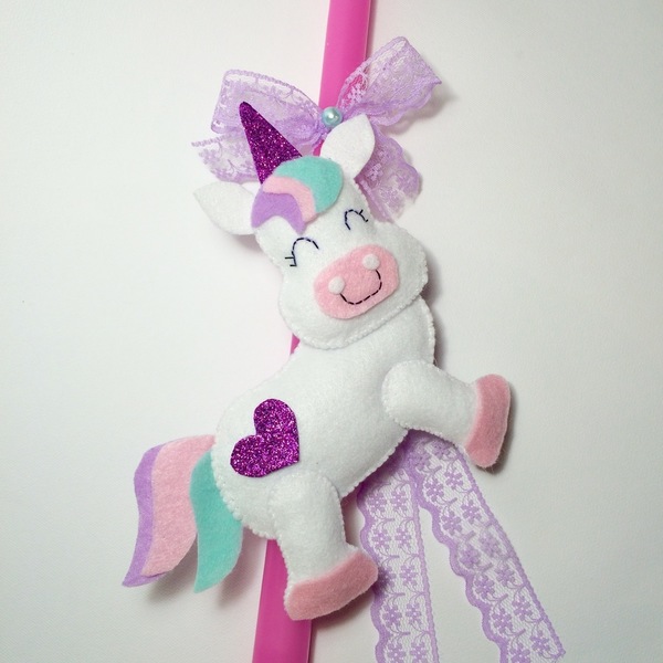 Λαμπάδα unicorn 1 - ροζ, δαντέλα, δαντέλα, κορίτσι, γκλίτερ, τσόχα, λαμπάδες, νονά, romantic, πάσχα, πέρλες, μονόκερος, για παιδιά - 3