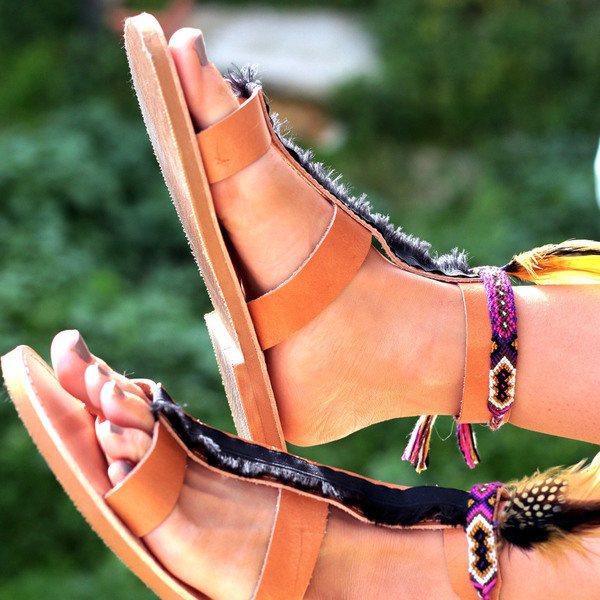 Γυναικεία χειροποιητά σανδάλια σε σκουρόχρωμες ινδιάνικες αποχρώσεις! - δέρμα, boho, gladiator, φλατ - 2