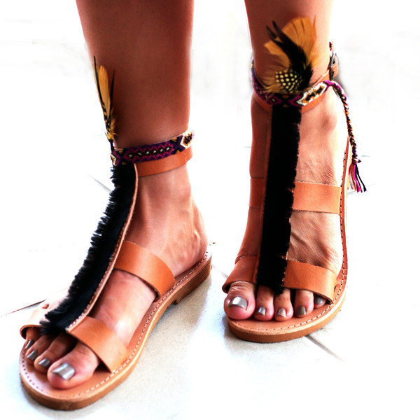 Γυναικεία χειροποιητά σανδάλια σε σκουρόχρωμες ινδιάνικες αποχρώσεις! - δέρμα, boho, gladiator, φλατ - 4