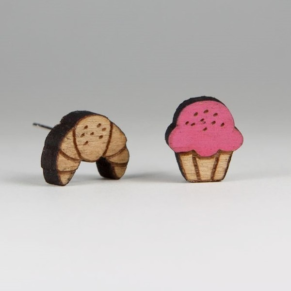Ξύλινα Σκουλαρίκια - Studs- Muffin - ξύλο, επάργυρα, romantic, minimal, καρφωτά