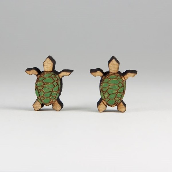 Ξύλινα Σκουλαρίκια - Animal Earrings -Studs - statement, ξύλο, επάργυρα, χελώνα, minimal, φθηνά