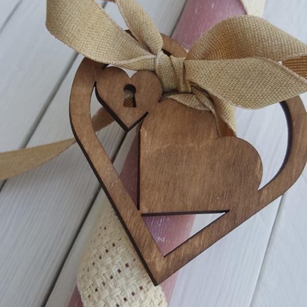 Πασχαλινή Λαμπάδα με ξύλινο διακοσμητικό Καρδιά - ξύλο, καρδιά, κορίτσι, λαμπάδες, για παιδιά - 2