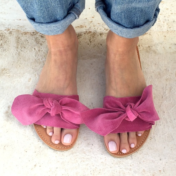 bow sandals size/40 - δέρμα, ύφασμα, chic, μοντέρνο, romantic, minimal, φλατ, slides - 5