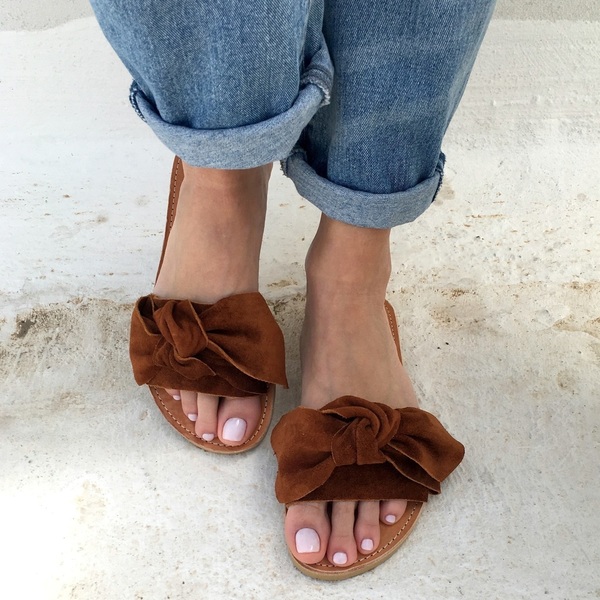 knot sandals brown - δέρμα, chic, vintage, minimal, boho, φλατ, slides - 3