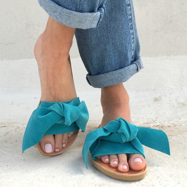 bow sandals blue - δέρμα, ύφασμα, chic, vintage, minimal, φλατ, slides
