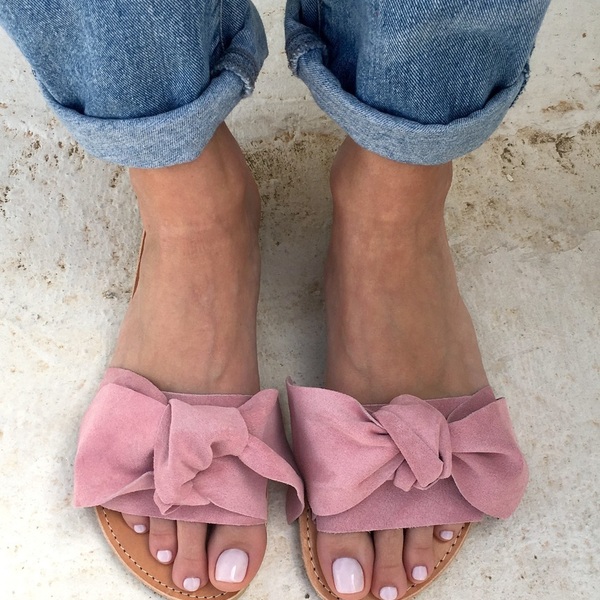 bow sandals light pink - δέρμα, chic, vintage, μοντέρνο, street style, romantic, minimal, boho, φλατ, slides - 2