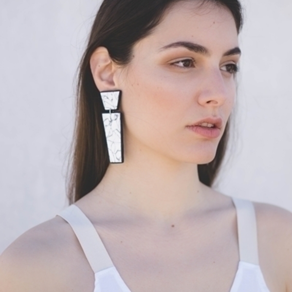 "Naxos" - contemporary faux marble polymer clay earrings - statement, ασήμι, chic, μοντέρνο, γυναικεία, δώρο, πηλός, γεωμετρικά σχέδια, elegant, minimal, κρεμαστά, fashion jewelry - 2