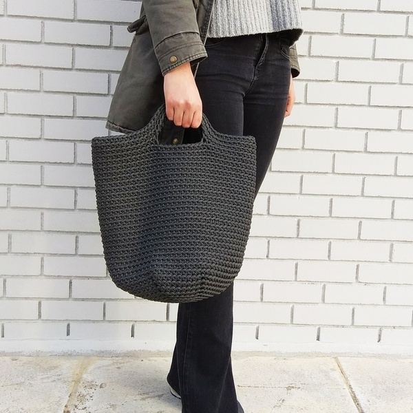 Grey shopping bag - crochet, all day, minimal, χειρός, πλεκτές τσάντες