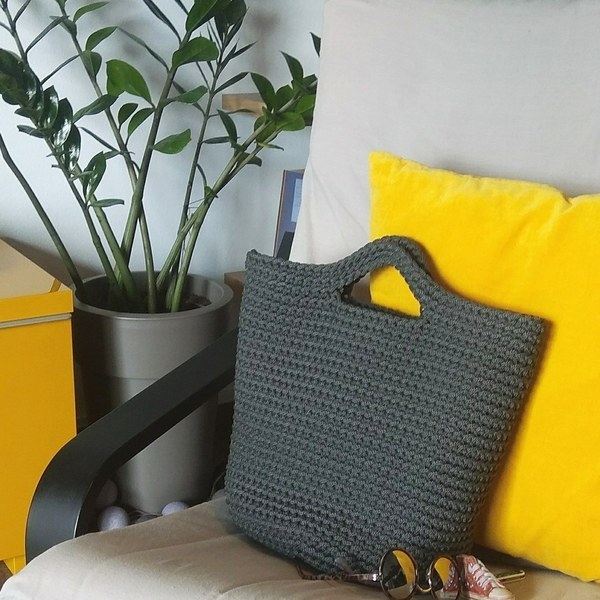 Grey shopping bag - crochet, all day, minimal, χειρός, πλεκτές τσάντες - 2