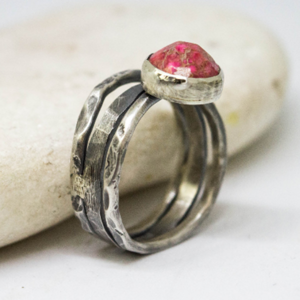 Ασημένιο τριπλό δαχτυλίδι με Ίασπις(rose-red regalite Jasper) - statement, ασήμι, ημιπολύτιμες πέτρες, βραδυνά, vintage, μοντέρνο, πέτρα, ασήμι 925, χειροποίητα, romantic, minimal, ethnic, μεγάλα - 4