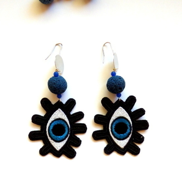 statement σκουλαρίκια μάτι + ημιπολ. πέτρες ( μαύρο/μπλε) - statement, ημιπολύτιμες πέτρες, ύφασμα, μοντέρνο, επάργυρα, γεωμετρικά σχέδια, μάτι, boho, ethnic - 2
