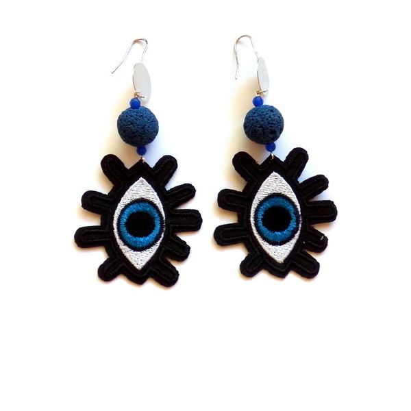 statement σκουλαρίκια μάτι + ημιπολ. πέτρες ( μαύρο/μπλε) - statement, ημιπολύτιμες πέτρες, ύφασμα, μοντέρνο, επάργυρα, γεωμετρικά σχέδια, μάτι, boho, ethnic