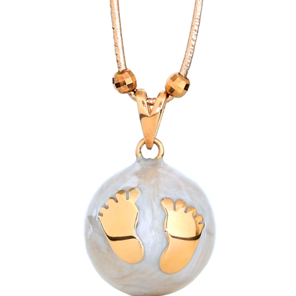 Χειροποίητο Κόσμημα εγκυμοσύνης Bola – White Pearl Gold Babyfeet (leather chaine)