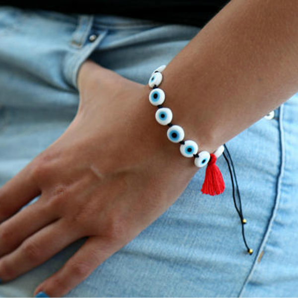Rosary evil eye bracelet - statement, ασήμι, γυαλί, charms, επιχρυσωμένα, με φούντες, boho, ethnic - 2