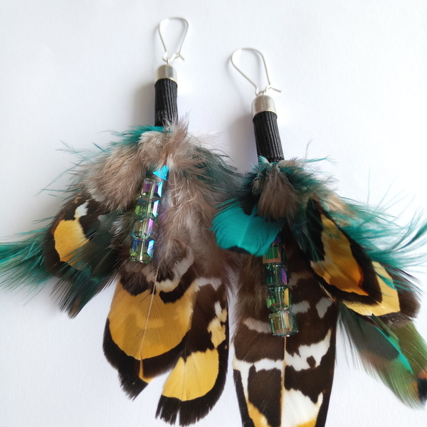 Σκουλαρίκια χειροποίητα με φτερά - φτερό, swarovski, ethnic, κρεμαστά - 4