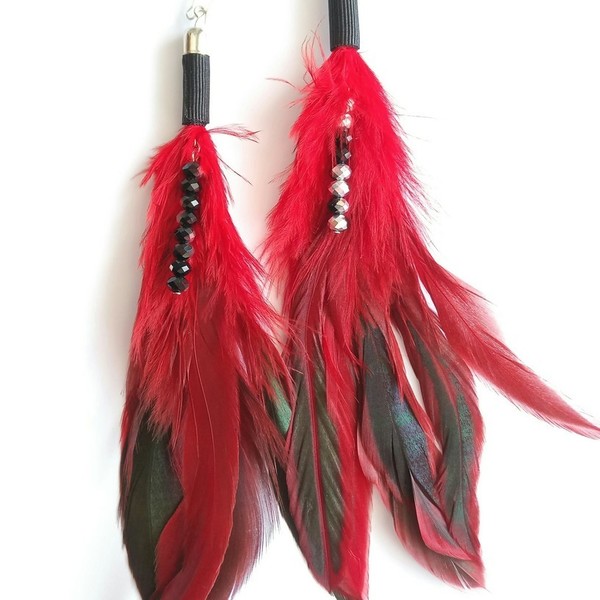 Σκουλαρίκια χειροποίητα με φτερά - μοντέρνο, φτερό, swarovski, ethnic, κρεμαστά