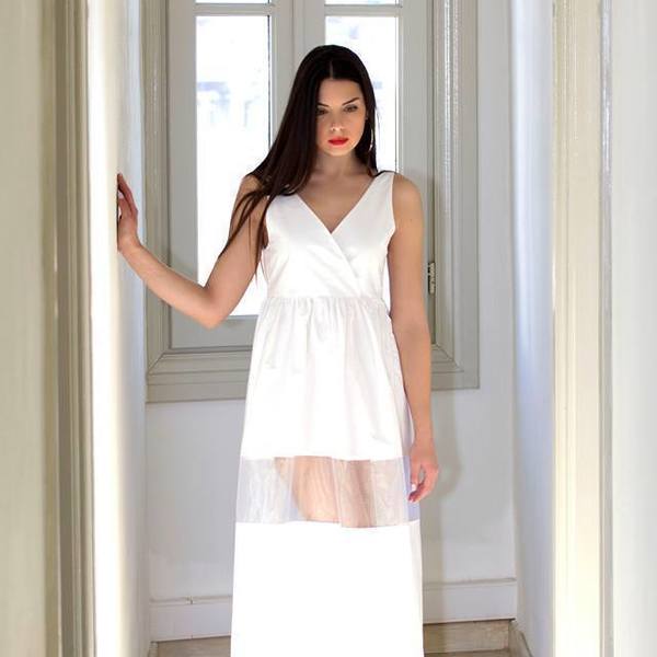 Λευκό φόρεμα με διαφάνεια ποπλίνα - βαμβάκι, αμάνικο, romantic