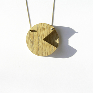 Χειροποίητο ξύλινο κολιέ pacman 1 με αλυσίδα & στοιχεία από 14K επιχρυσωμένο ασήμι - statement, ασήμι, ξύλο, μοντέρνο, επιχρυσωμένα, μακρύ, μακριά, minimal - 2
