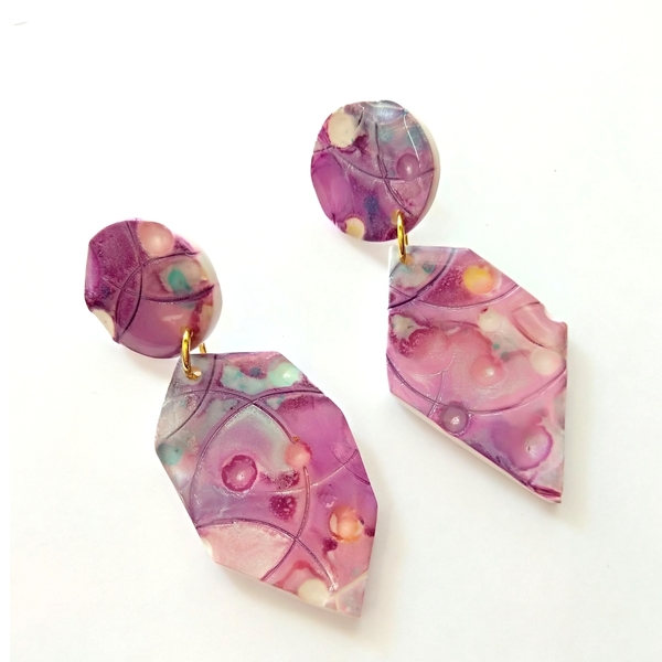 Abstract polymer clay earrings - statement, ροζ, γυαλί, μοντέρνο, πηλός, romantic, κρεμαστά, Black Friday - 2