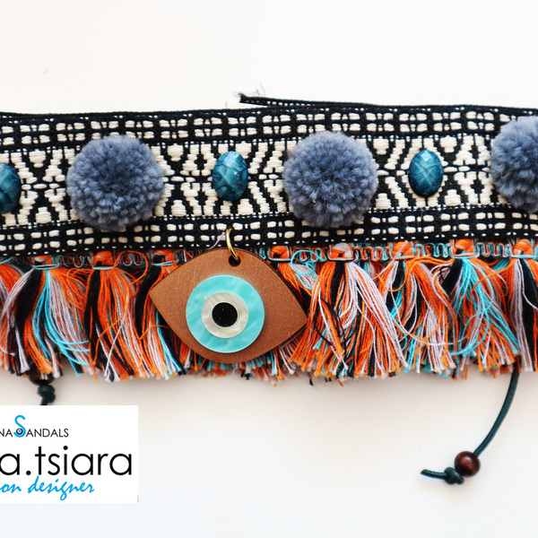 Τσόκερ boho με μάτι elenasandals - δέρμα, ξύλο, charms, μοντέρνο, τσόκερ, γεωμετρικά σχέδια, κοντό, boho, ethnic, κρόσσια