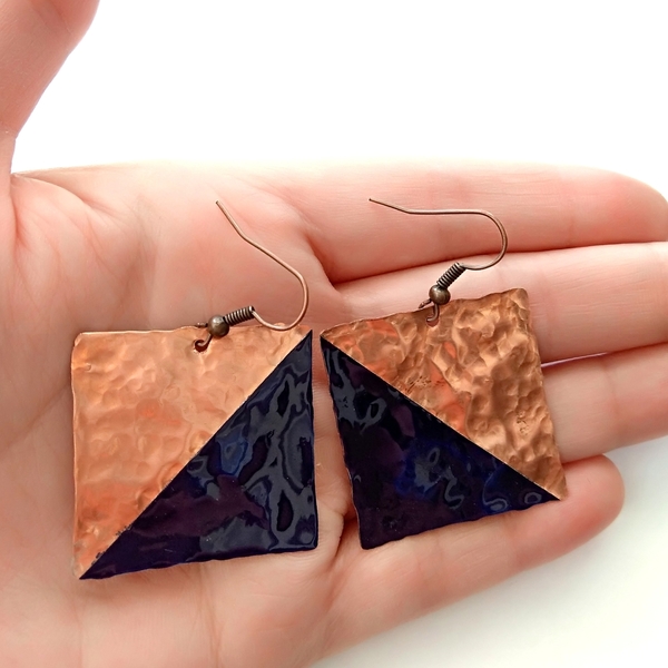 Hammered Copper earrings - μοντέρνο, χαλκός, γεωμετρικά σχέδια, σφυρήλατο, minimal, plexi glass, κρεμαστά - 2