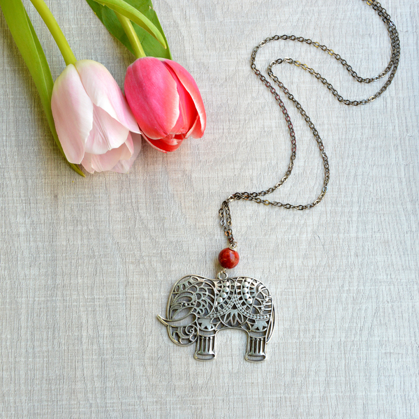 Bohemian Necklace Elephant - ημιπολύτιμες πέτρες, κοράλλι, μακρύ, επάργυρα, μακριά, boho, ethnic - 3