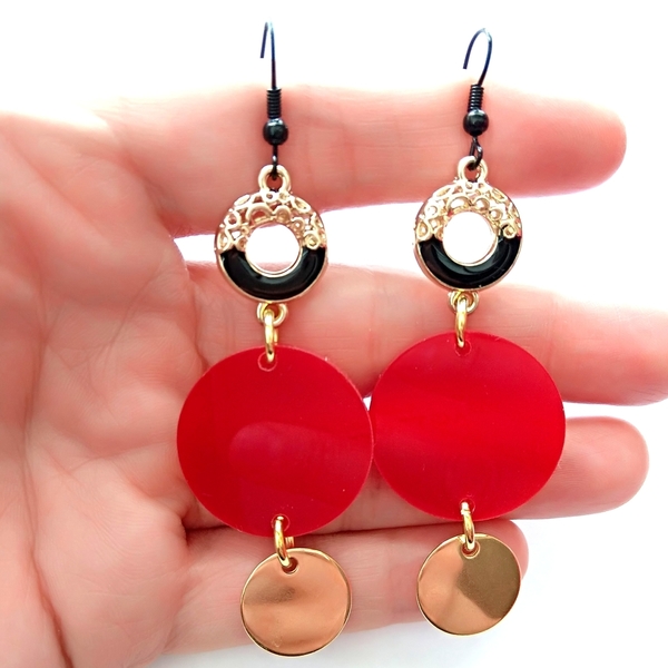 Bright red plexi earrings - statement, βραδυνά, μοντέρνο, γεωμετρικά σχέδια, romantic, plexi glass, boho, μεταλλικά στοιχεία, κρεμαστά - 2