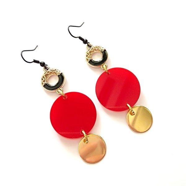 Bright red plexi earrings - statement, βραδυνά, μοντέρνο, γεωμετρικά σχέδια, romantic, plexi glass, boho, μεταλλικά στοιχεία, κρεμαστά