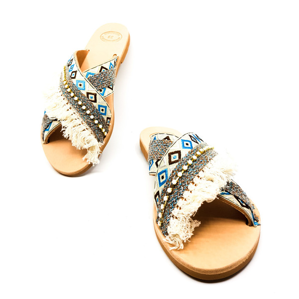 Blue Boho Sandals No 38 - δέρμα, vintage, χιαστί, street style, boho, ethnic, φλατ