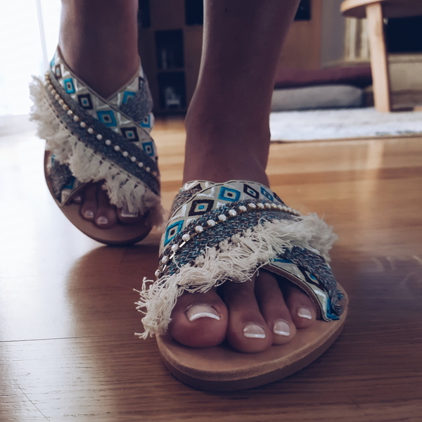 Blue Boho Sandals No 38 - δέρμα, vintage, χιαστί, street style, boho, ethnic, φλατ - 2