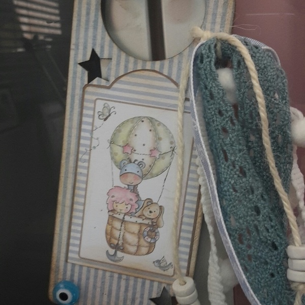 Ρομαντικό ταμπελάκι πόρτας για μωρά! - vintage, αγόρι, αερόστατο, μάτι, κρεμαστά - 2