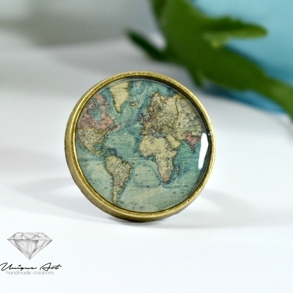 World map! | Vintage ring - statement, vintage, γυαλί, μοναδικό, δαχτυλίδι, unique, μπρούντζος, αυξομειούμενα, φθηνά - 4