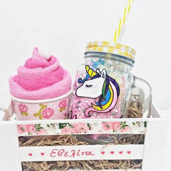 Gift Box for girls "Sweet...Unicorn" - γυαλί, ζωγραφισμένα στο χέρι, κορίτσι, δώρο, πετσέτα, δωράκι, personalised, σετ, γιορτή, μονόκερος, δώρα γενεθλίων, ιδεά για δώρο, σετ δώρου