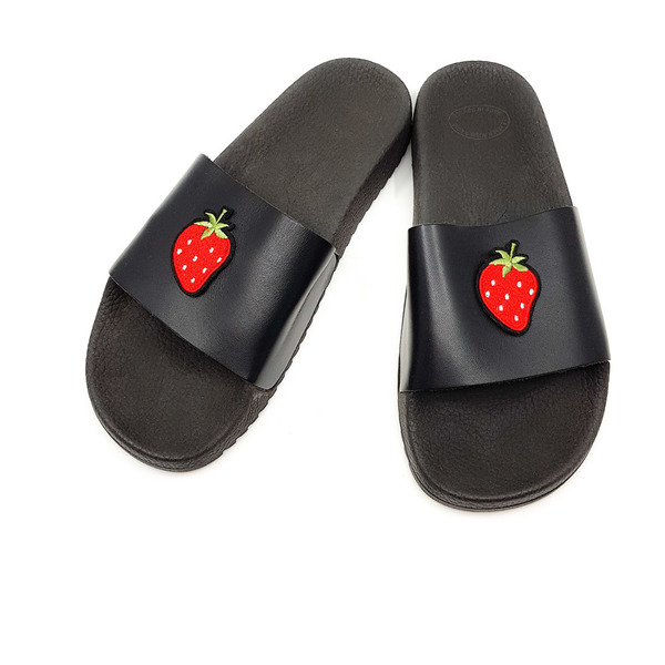 Strawberry Black Sandals - δέρμα, vintage, street style, φλατ, slides