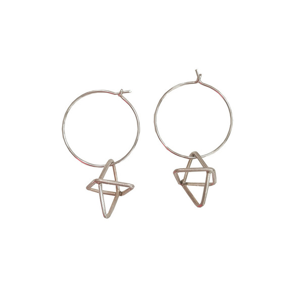 Κρίκοι με σταυρό |handmade hoop earrings with cross charm - ασήμι, charms, μοντέρνο, γεωμετρικά σχέδια, κρίκοι, minimal, rock - 3