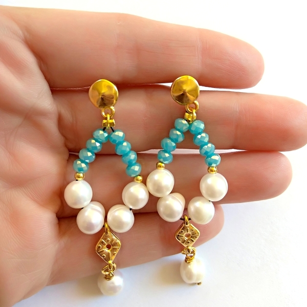 Pearl dream earrings - ημιπολύτιμες πέτρες, βραδυνά, vintage, μαργαριτάρι, κρύσταλλα, romantic, καρφωτά, μεταλλικά στοιχεία, κρεμαστά
