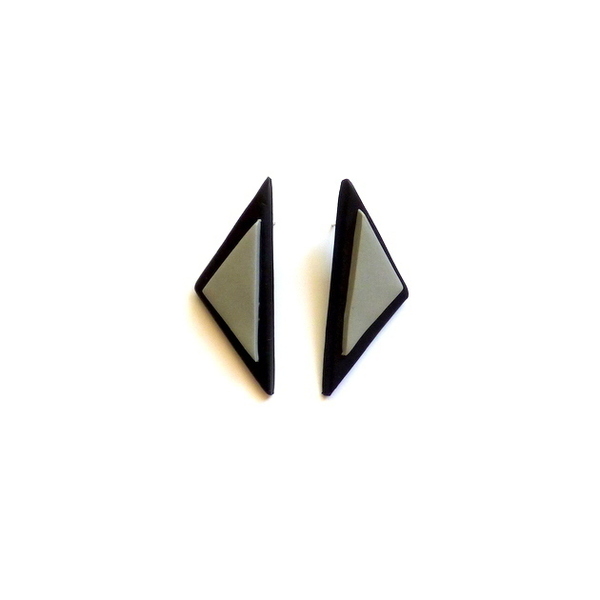 σκουλαρίκια ''διπλά τρίγωνα'' πολυμ. πηλός ( μαύρο - γκρι ) - statement, μοντέρνο, πηλός, γεωμετρικά σχέδια, minimal, rock, Black Friday, φθηνά