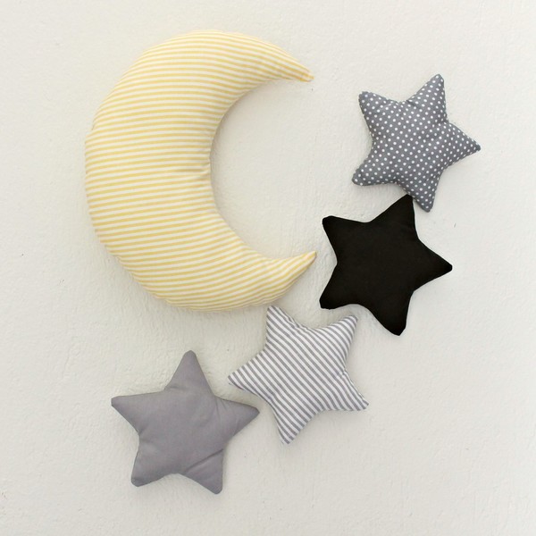 Υφασμάτινο φεγγάρι με αστέρια για τον τοίχο - βαμβάκι, κορίτσι, αγόρι, επιτοίχιο, αστέρι, φεγγάρι, κρεμαστά, για παιδιά, μαξιλάρια - 5
