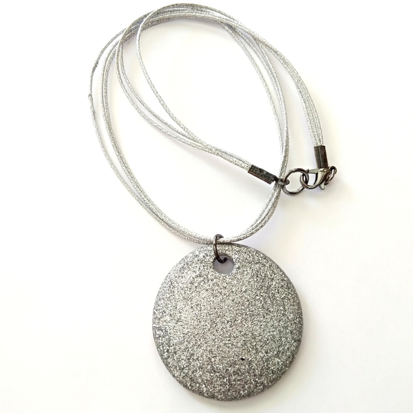 Silver necklace - statement, βραδυνά, γυαλί, μοντέρνο, στρογγυλό, κορδόνια, γεωμετρικά σχέδια, χειροποίητα, κοντό, minimal, rock, κρεμαστά - 3