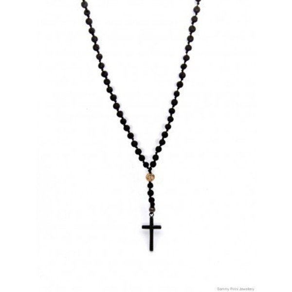 Ανδρικό χειροποίητο ροζάριο Lava black/Jasper picture/steel cross black - λάβα, ανδρικά, σταυρός, κολιέ, ατσάλι, ροζάριο, κρεμαστά, δώρα για άντρες, σταυροί