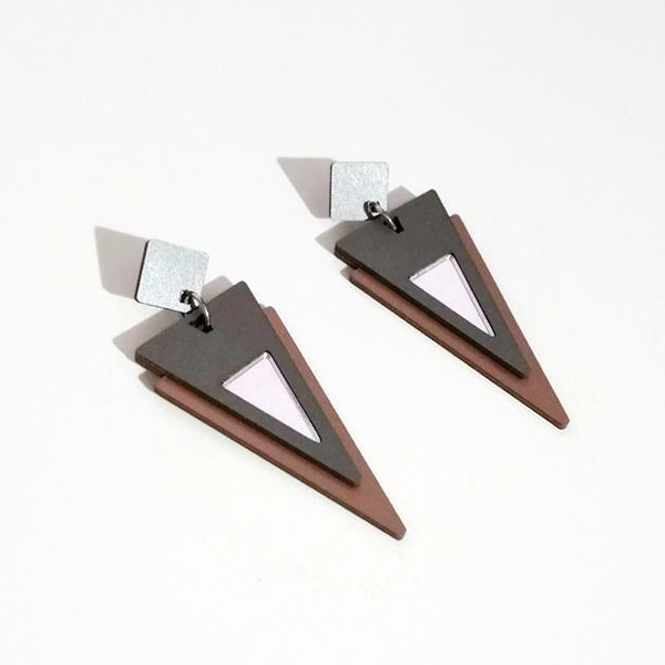 Ξύλινα Σκουλαρίκια "Mirror Triangles" - statement, ξύλο, ιδιαίτερο, μοναδικό, μοντέρνο, γεωμετρικά σχέδια, rock - 5