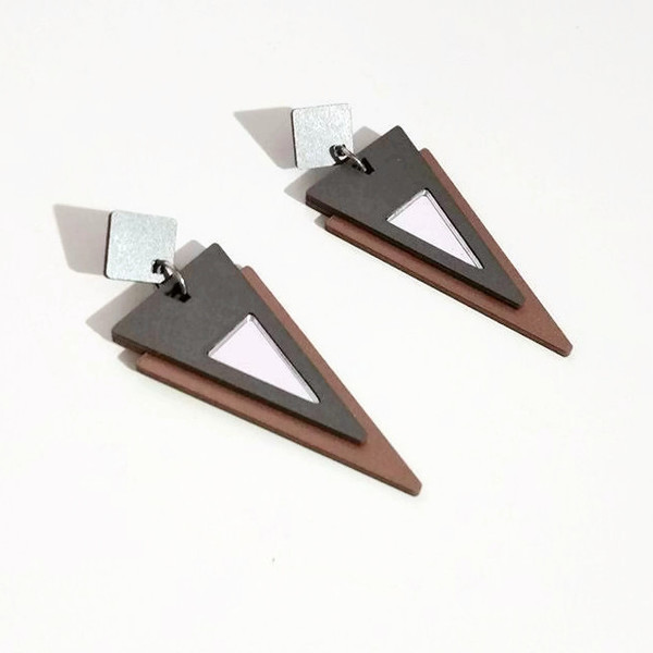 Ξύλινα Σκουλαρίκια "Mirror Triangles" - statement, ξύλο, ιδιαίτερο, μοναδικό, μοντέρνο, γεωμετρικά σχέδια, rock