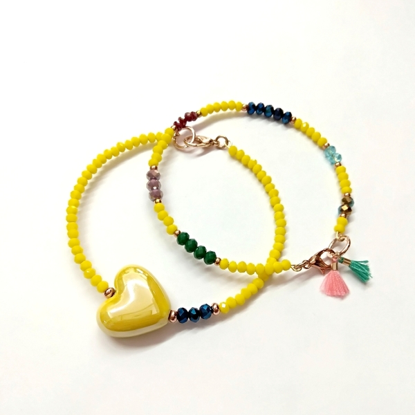 Heart set 2 bracellets - μοντέρνο, κρύσταλλα, καρδιά, κεραμικό, χάντρες, romantic, boho