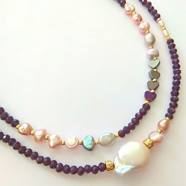 Romantic pearl necklace - ημιπολύτιμες πέτρες, μαργαριτάρι, κρύσταλλα, καρδιά, αιματίτης, χάντρες, κοντό, romantic