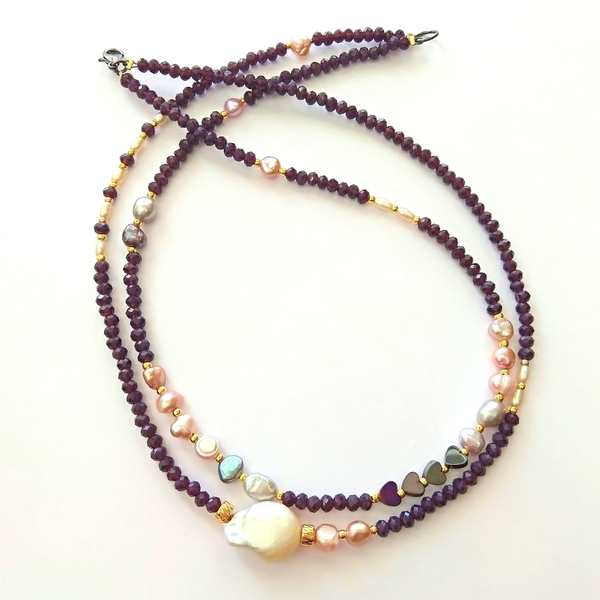 Romantic pearl necklace - ημιπολύτιμες πέτρες, μαργαριτάρι, κρύσταλλα, καρδιά, αιματίτης, χάντρες, κοντό, romantic - 2