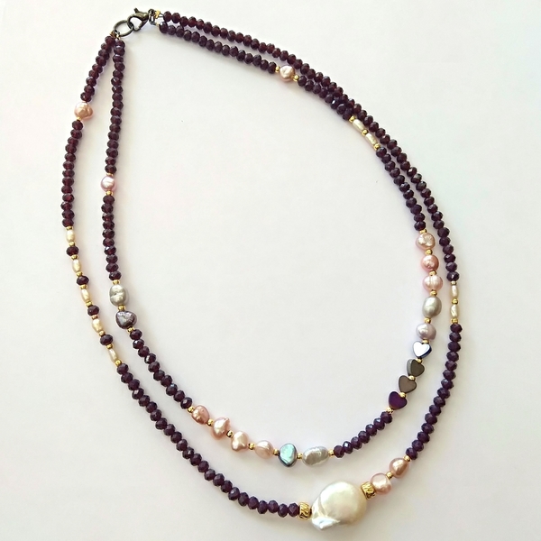 Romantic pearl necklace - ημιπολύτιμες πέτρες, μαργαριτάρι, κρύσταλλα, καρδιά, αιματίτης, χάντρες, κοντό, romantic - 4