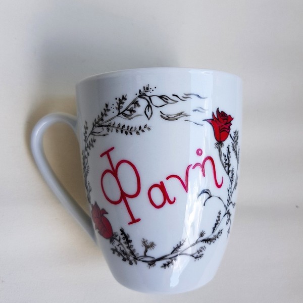 Κούπα-mug - ζωγραφισμένα στο χέρι, μοναδικό, κορίτσι, δώρο, τριαντάφυλλο, όνομα - μονόγραμμα, χειροποίητα, πορσελάνη, κούπες & φλυτζάνια, κολοκύθα - 4