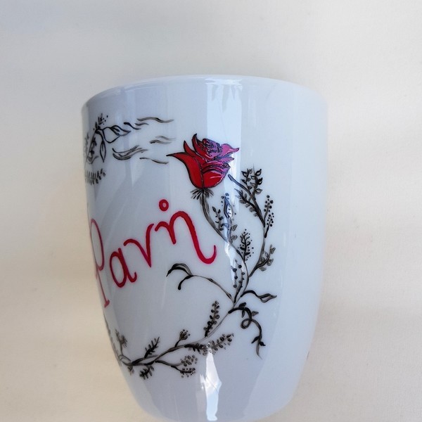 Κούπα-mug - ζωγραφισμένα στο χέρι, μοναδικό, κορίτσι, δώρο, τριαντάφυλλο, όνομα - μονόγραμμα, χειροποίητα, πορσελάνη, κούπες & φλυτζάνια, κολοκύθα - 5