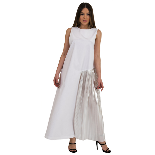 Φόρεμα λευκό maxi με λεπτομέρεια πλισέ ασημένια στο πλαι - βαμβάκι, chic, αμάνικο, all day, Black Friday - 2